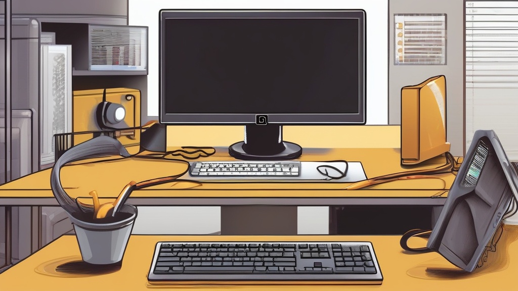 모니터 옆 주의 표시와 얽힌 케이블