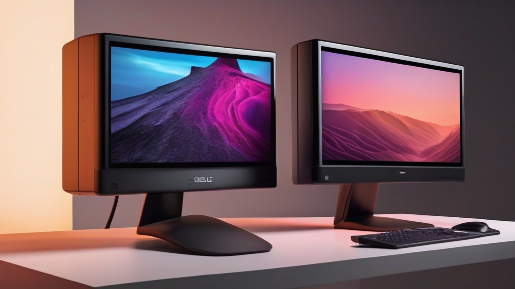 IPS, VA, OLED 패널의 색상 차이를 보여주는 세 대의 모니터