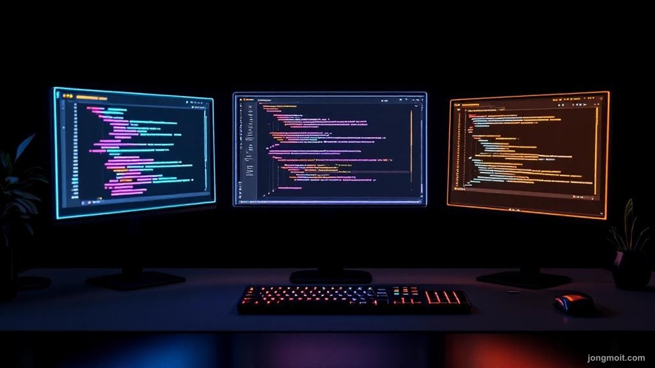 AI 코딩 도구 비교 인트로 — 3개 모니터에 각기 다른 코드 에디터가 표시된 모습