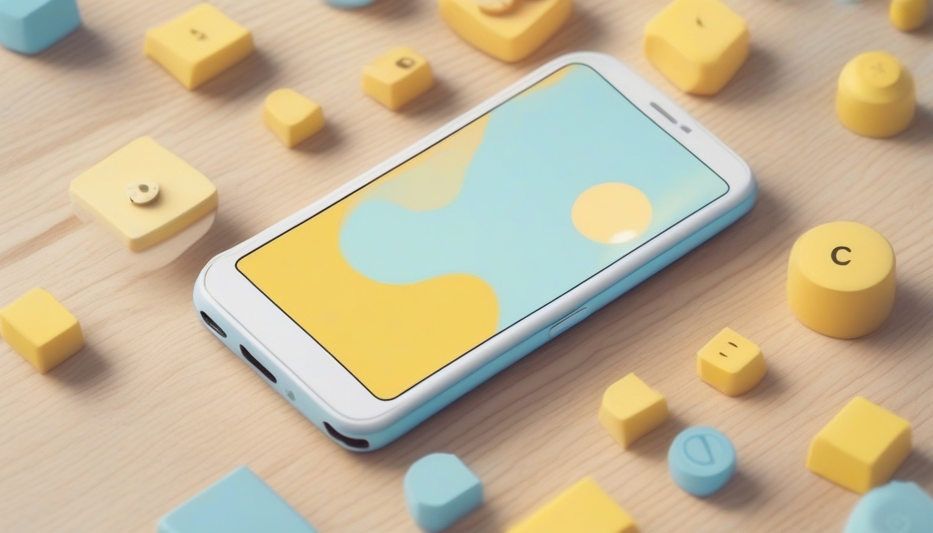 A of a smartphone on a wooden desk surrounded by small fl...