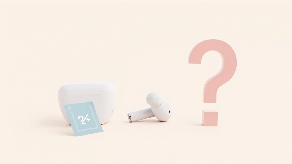 A of wireless earbuds placed next to a large question mar...