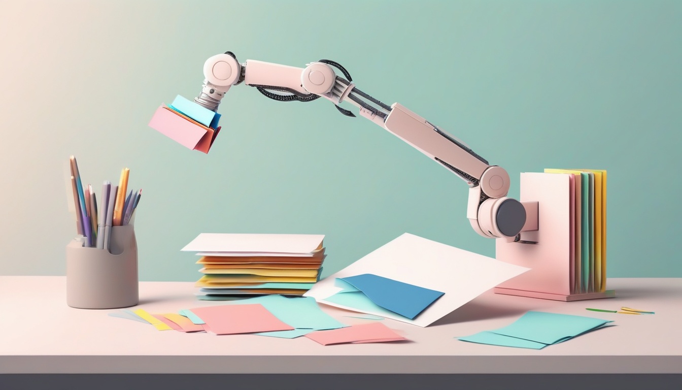 A of a robotic arm gently sorting colorful folders and en...