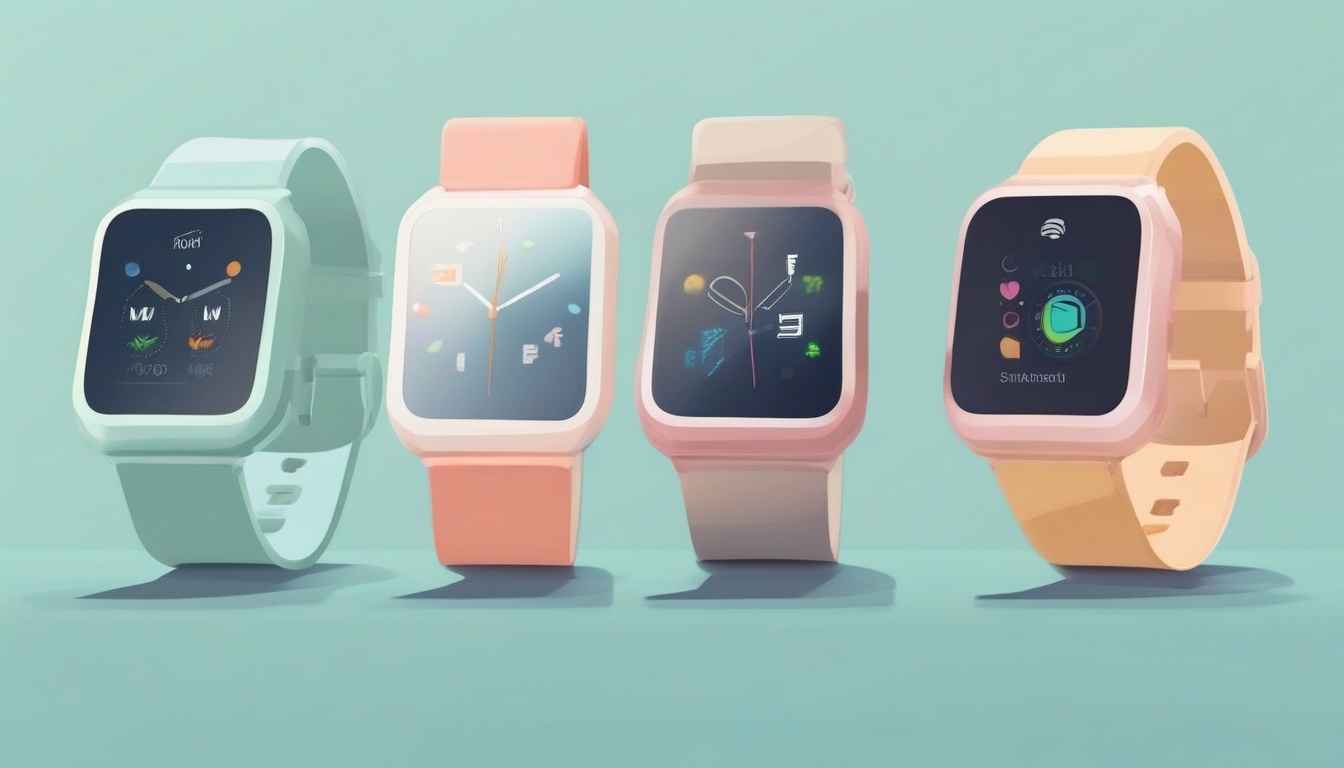 A of four different smartwatches arranged in a row on a c...