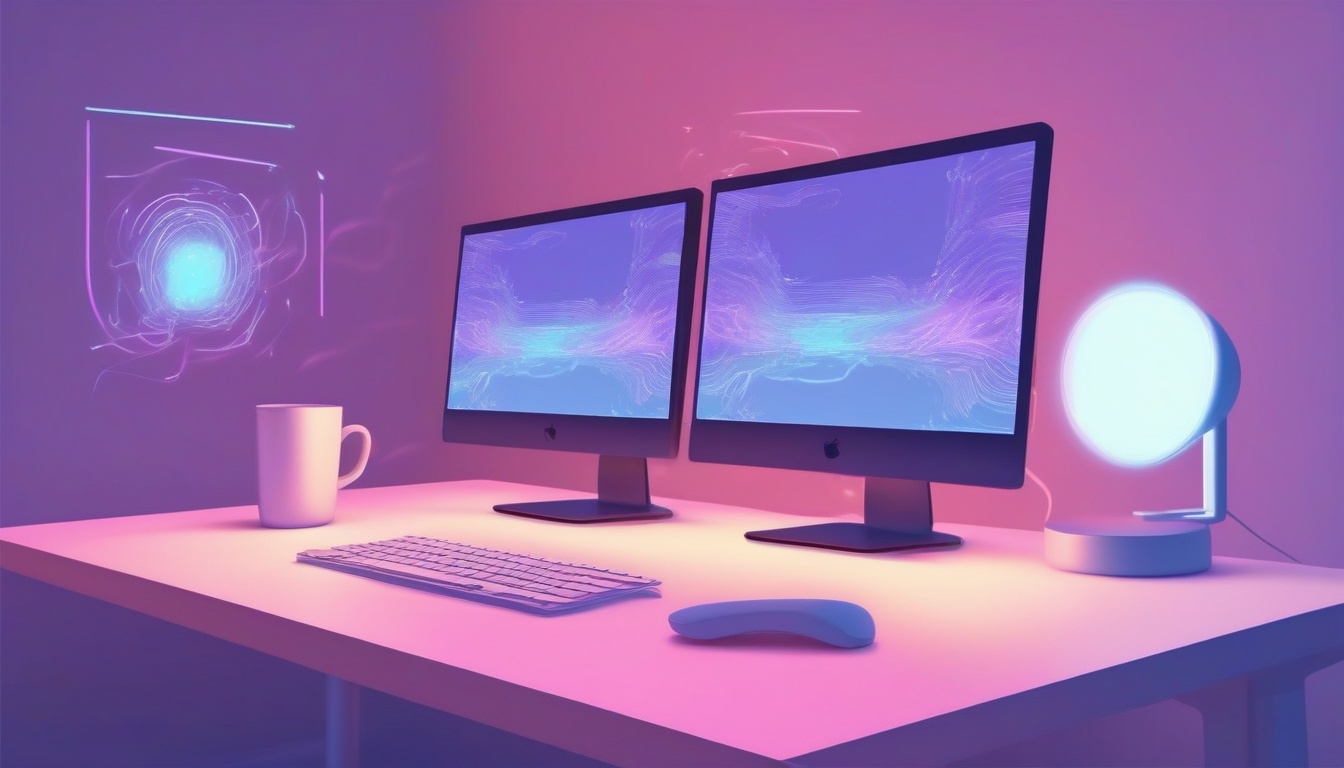 A of two glowing monitor screens side by side on a desk