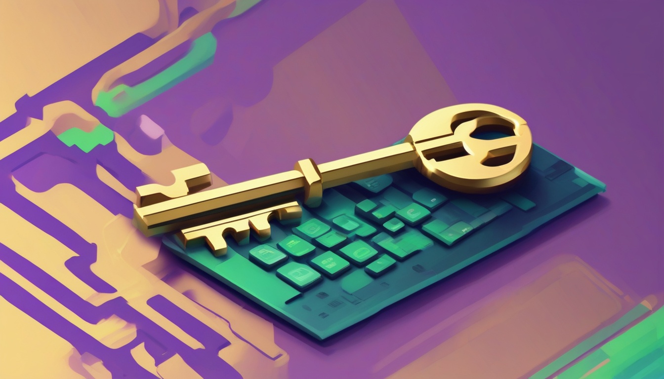A of a golden key floating above a computer terminal scre...