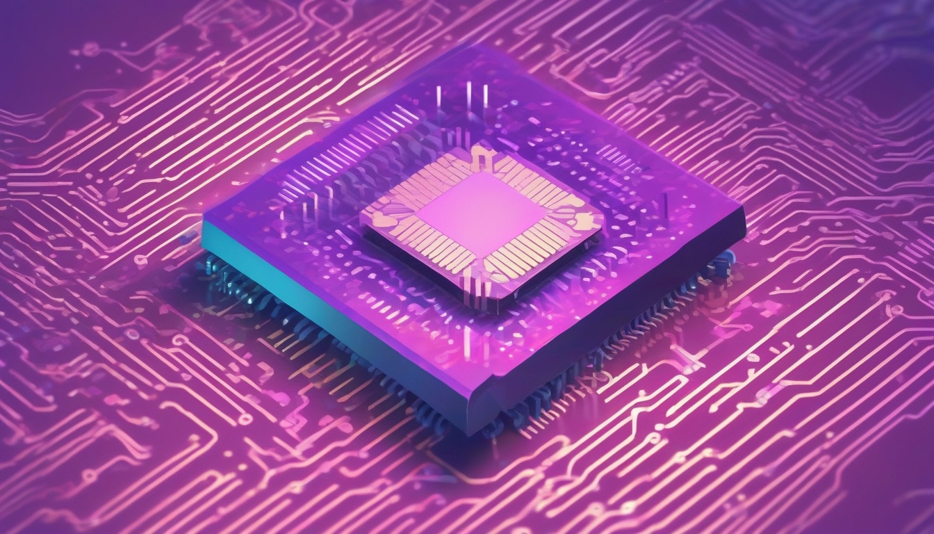 A of a glowing processor chip surrounded by circuit board...