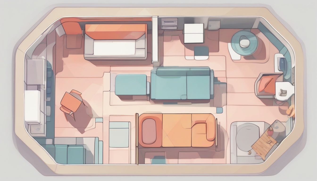 A of a top-down floor plan with color-coded room zones an...