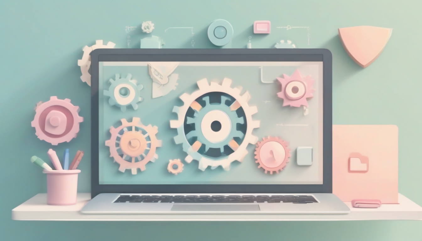 A of a laptop screen displaying gear icons and checkmark ...