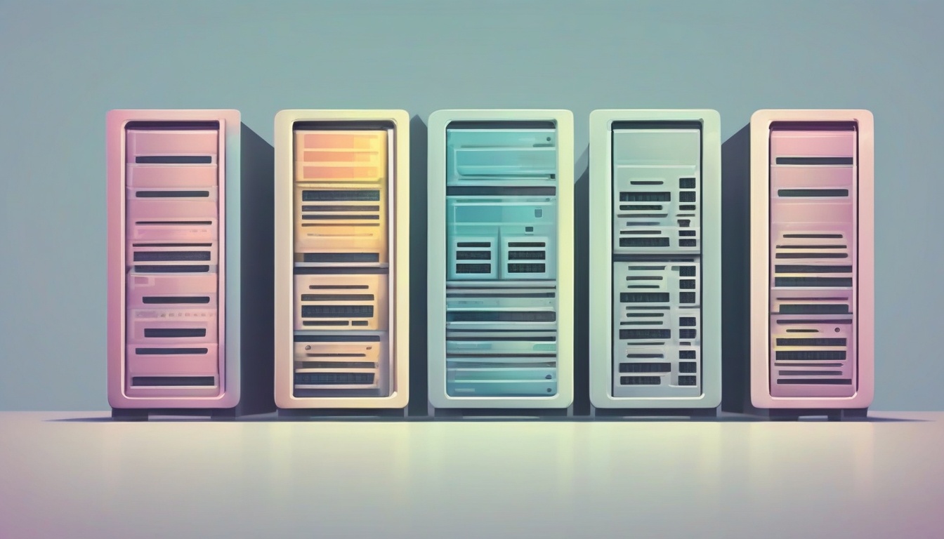 A of three colorful server rack towers side by side