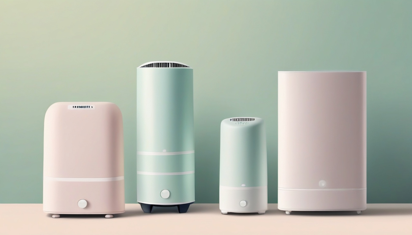 A of three different sized air purifiers lined up from sm...