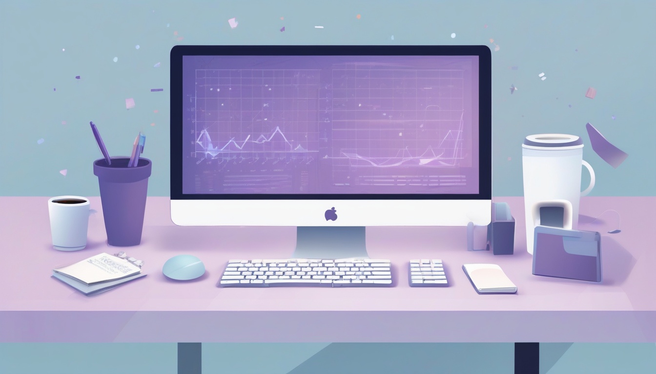 A of a tidy office desk with a glowing monitor showing ab...