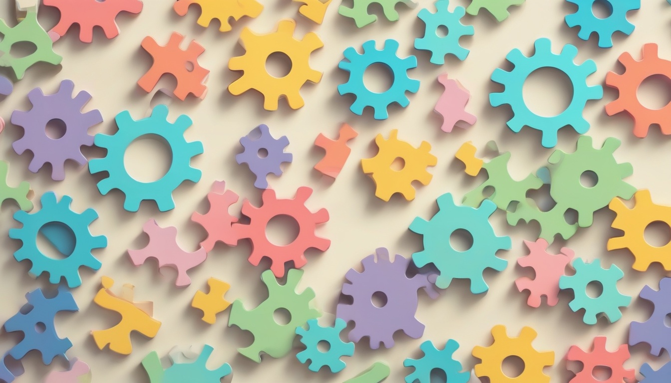 A of interlocking colorful gears and puzzle pieces on a l...