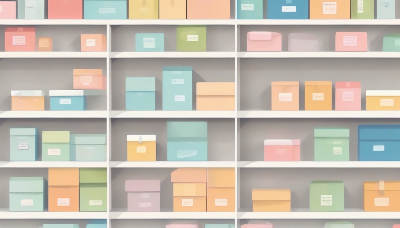 A of three organized category shelves with colorful small...