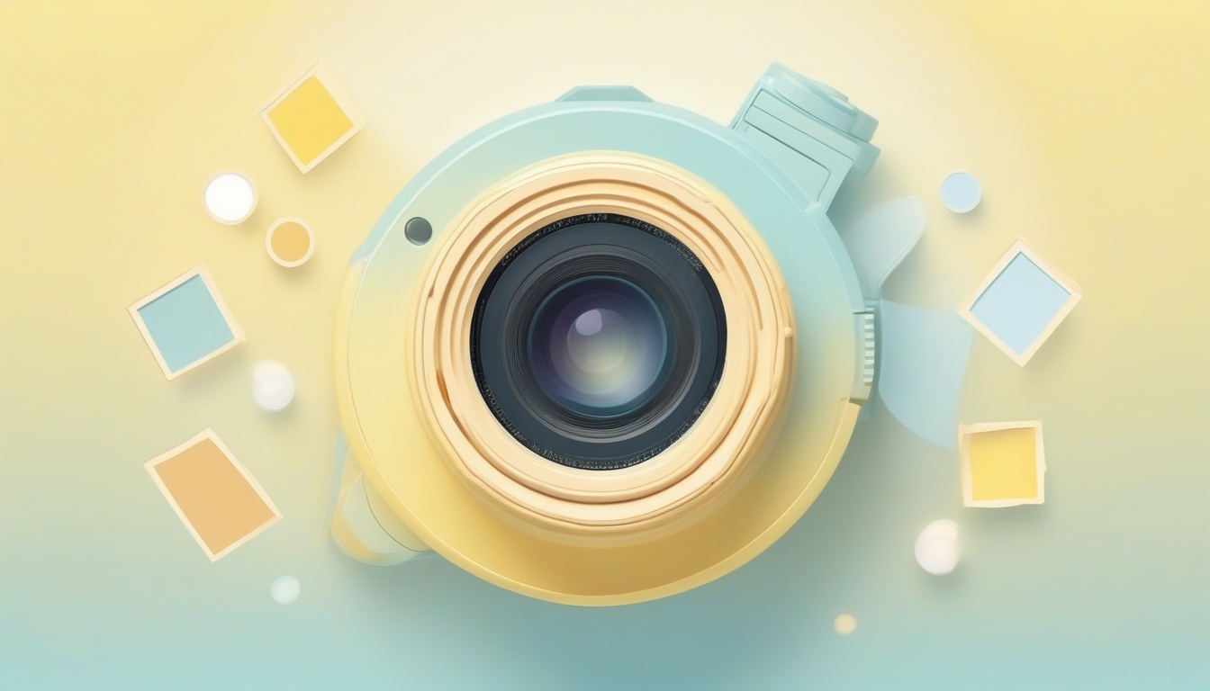 A of a camera lens with soft light rays radiating outward...