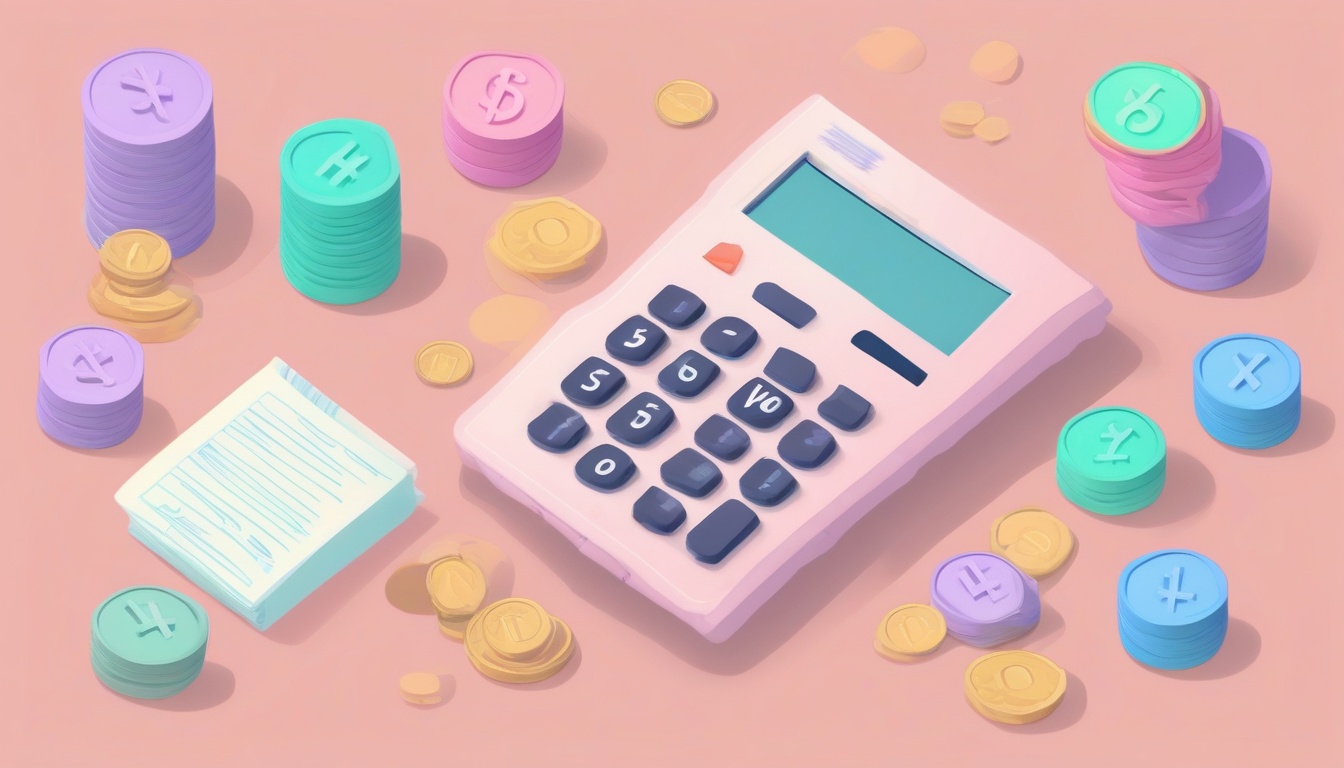 A of a calculator next to stacked coins and an air filter...