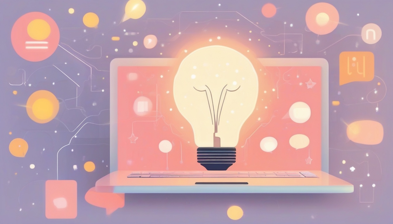 A of a glowing light bulb above a keyboard with speech bu...