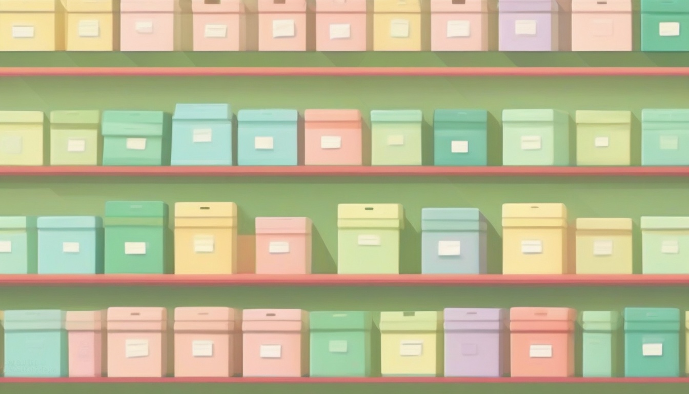 A of a tidy organized shelf with colorful small boxes nea...