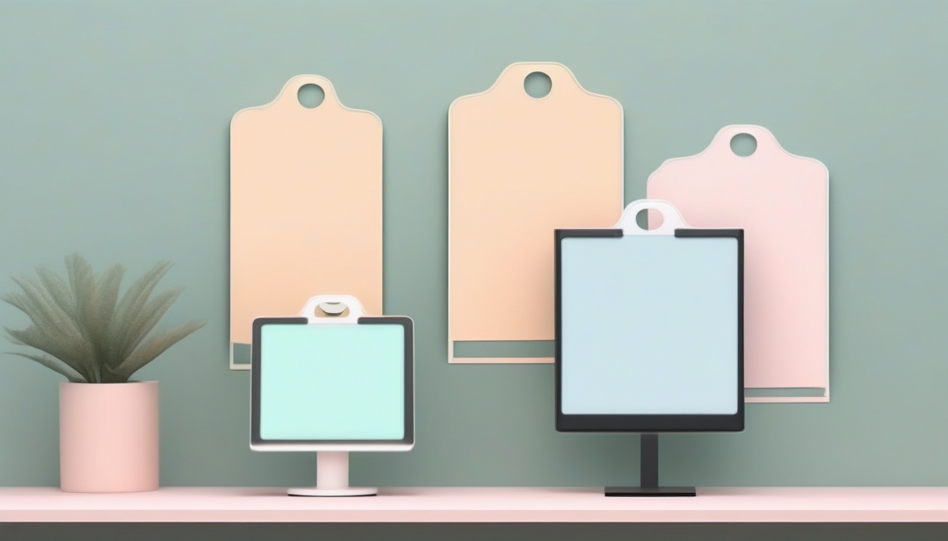크기가 다른 세 개의 가격표가 모니터 옆에 놓인 이미지