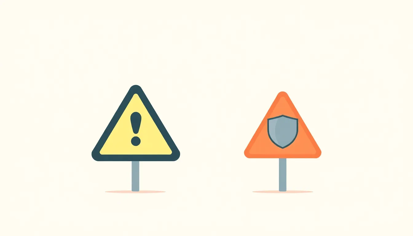 A of a triangular warning sign next to a small shield ico...