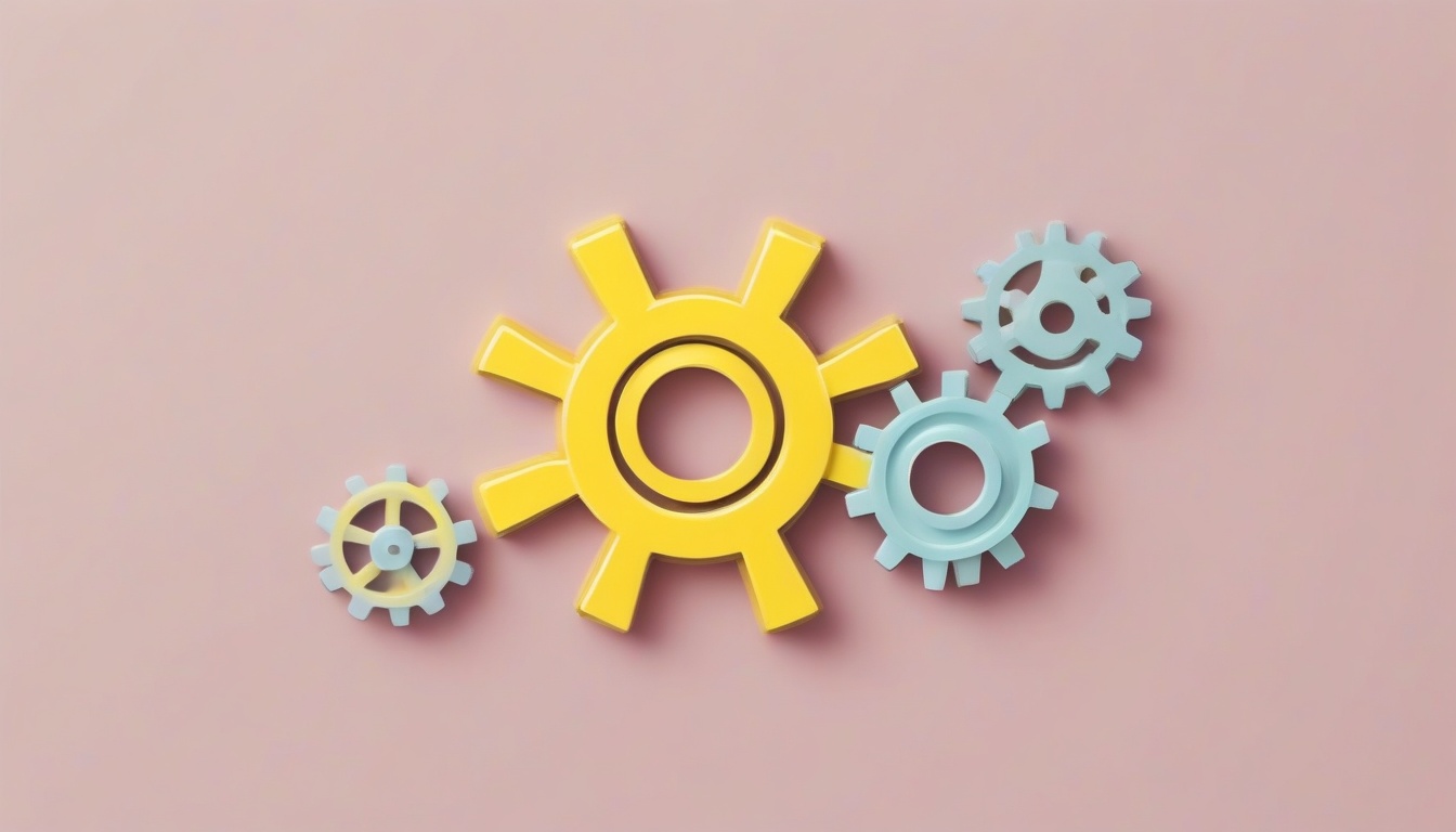 A of a yellow caution sign next to interlocked gears on a...