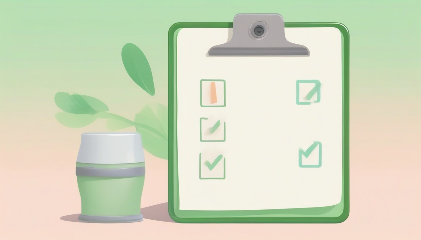 A of a clipboard with checkmarks and a small air purifier...