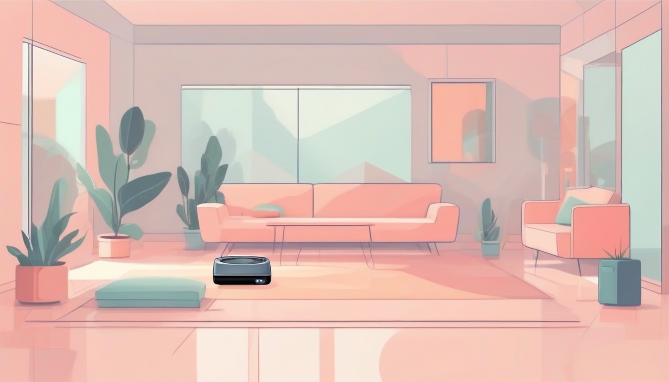 A of a tidy living room with a robot vacuum docked at its...