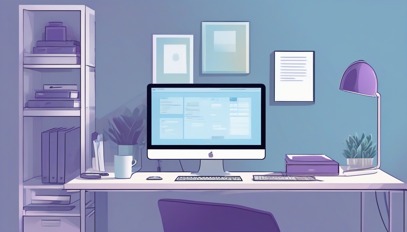 A of a clean organized home office desk with a laptop con...