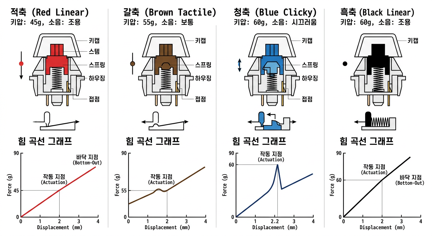 적축 갈축 청축 흑축 구조 차이를 보여주는 기계식 키보드 스위치 비교 다이어그램