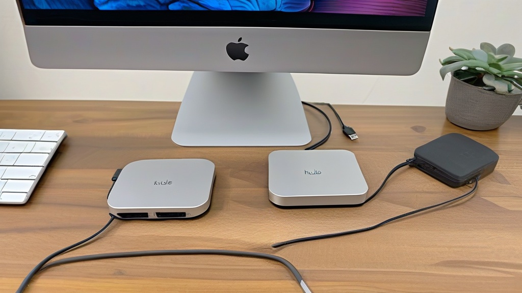 A of two groups of electronic hub devices side by side on...