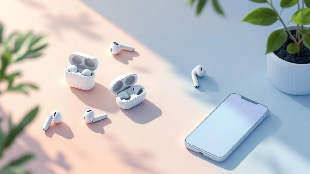 A of a desk with multiple wireless earbud charging cases ...