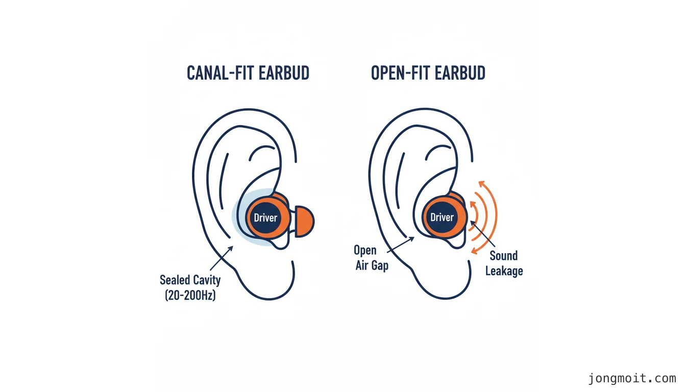 커널형(밀폐 Sealed Cavity)과 오픈형(Open Air Gap, Sound Leakage) 이어버드 음향 메커니즘 비교 도식