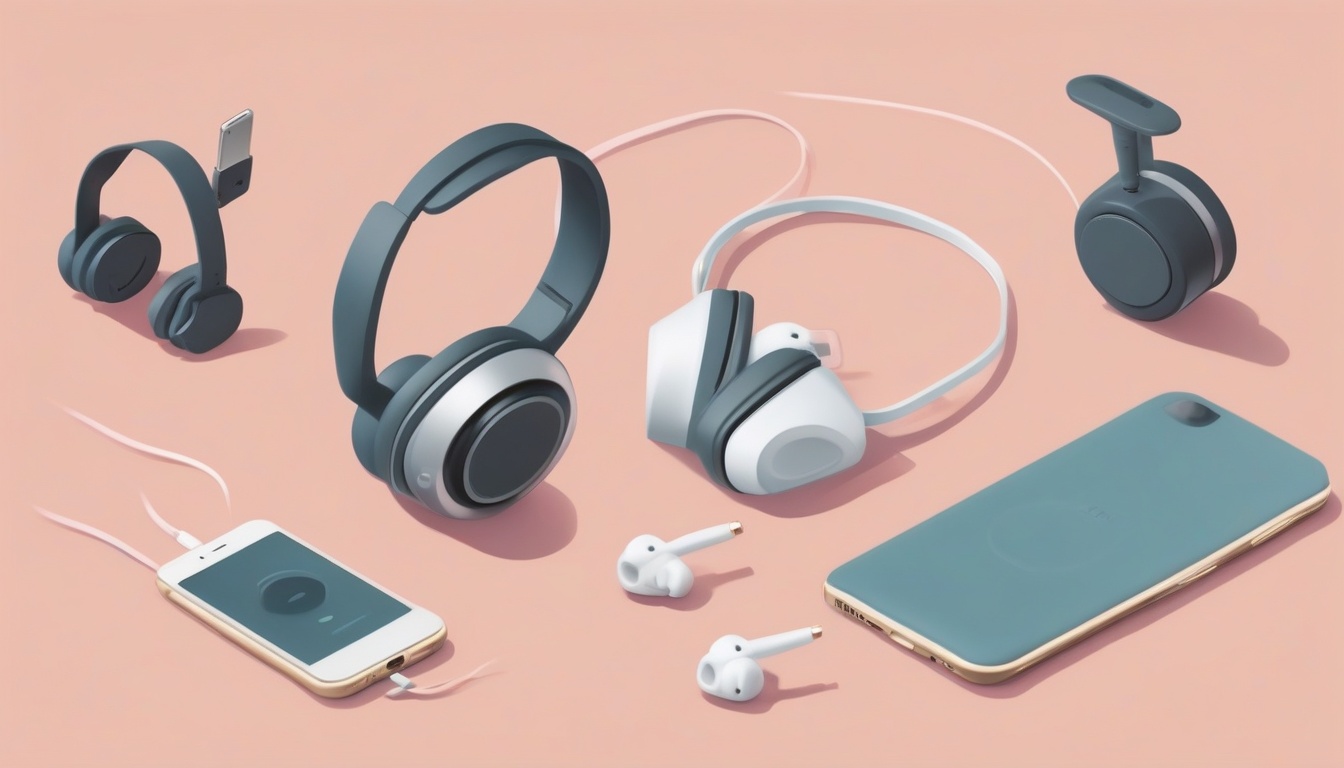 A of four wireless audio devices laid out on a desk — thr...