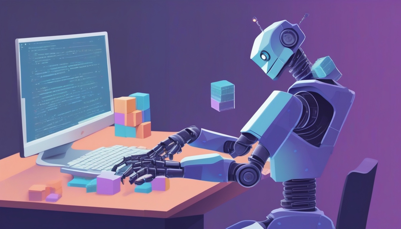 A of a robot arm gently placing code blocks into a code e...