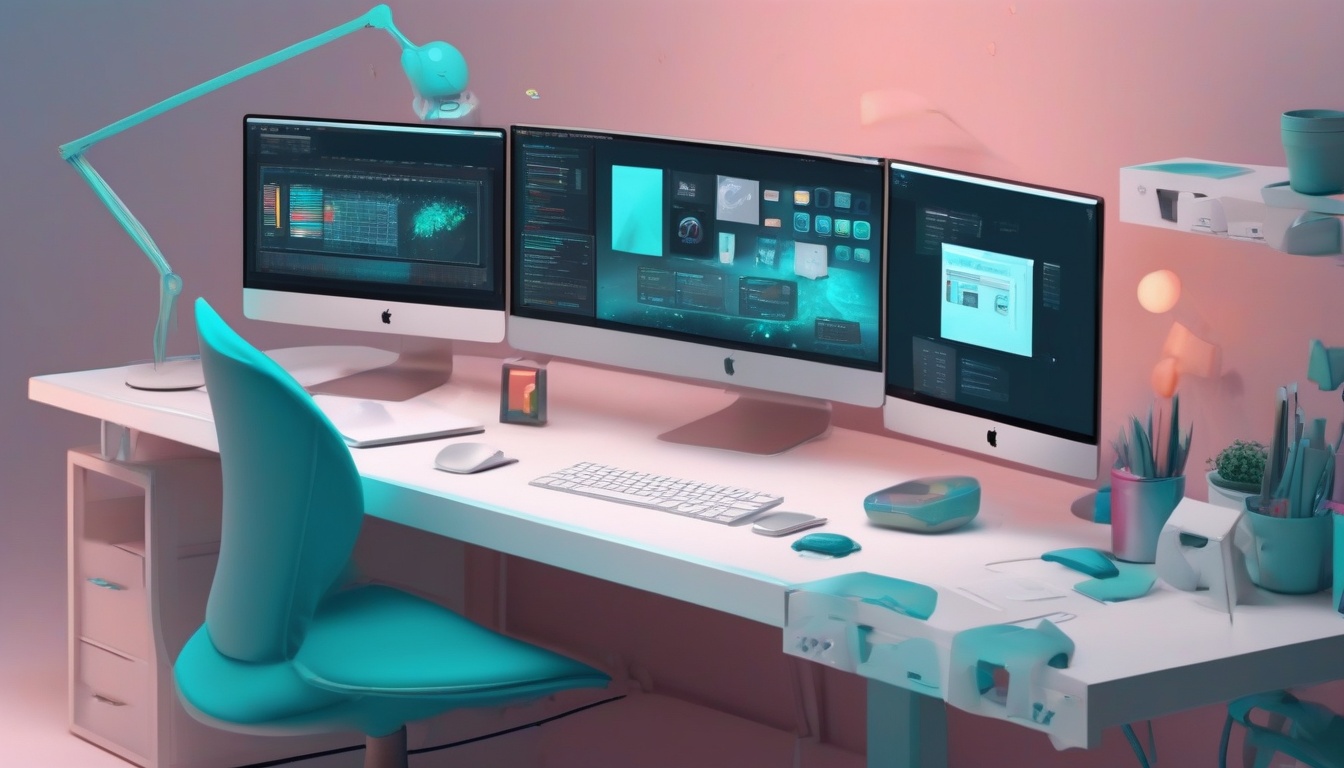 3D workspace scene showing a professional desktop setup w...
