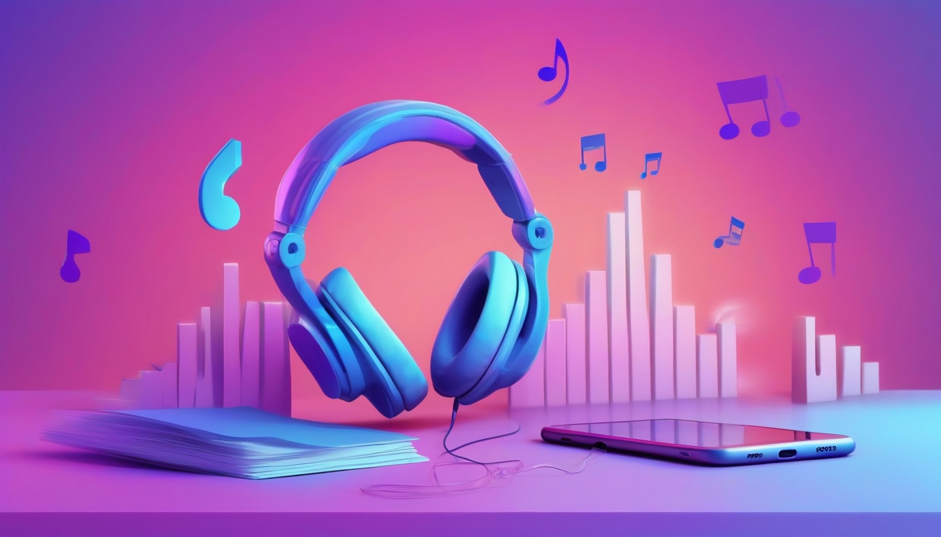 A of headphones resting next to a glowing smartphone show...