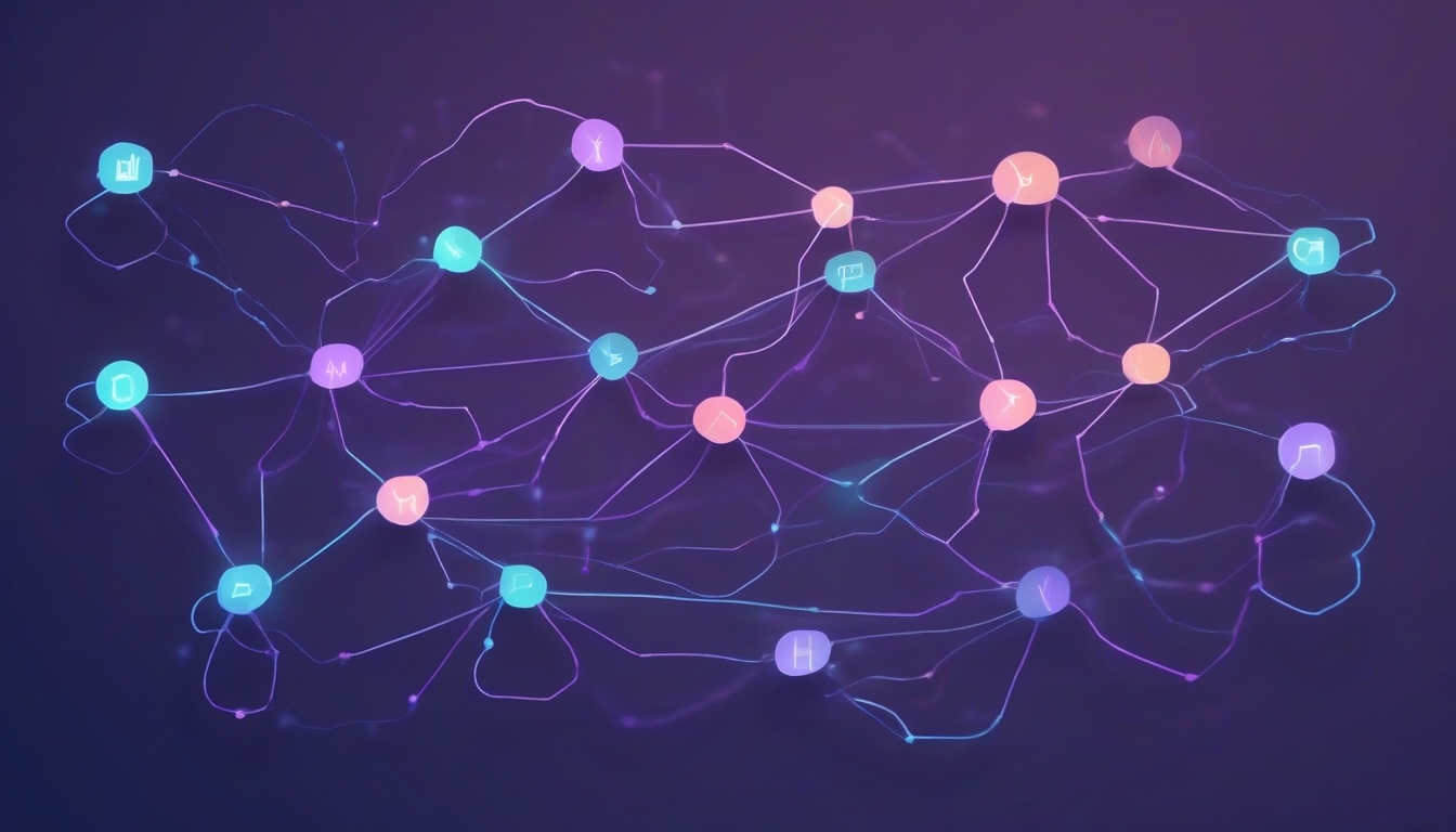 A of interconnected API endpoints shown as glowing nodes ...