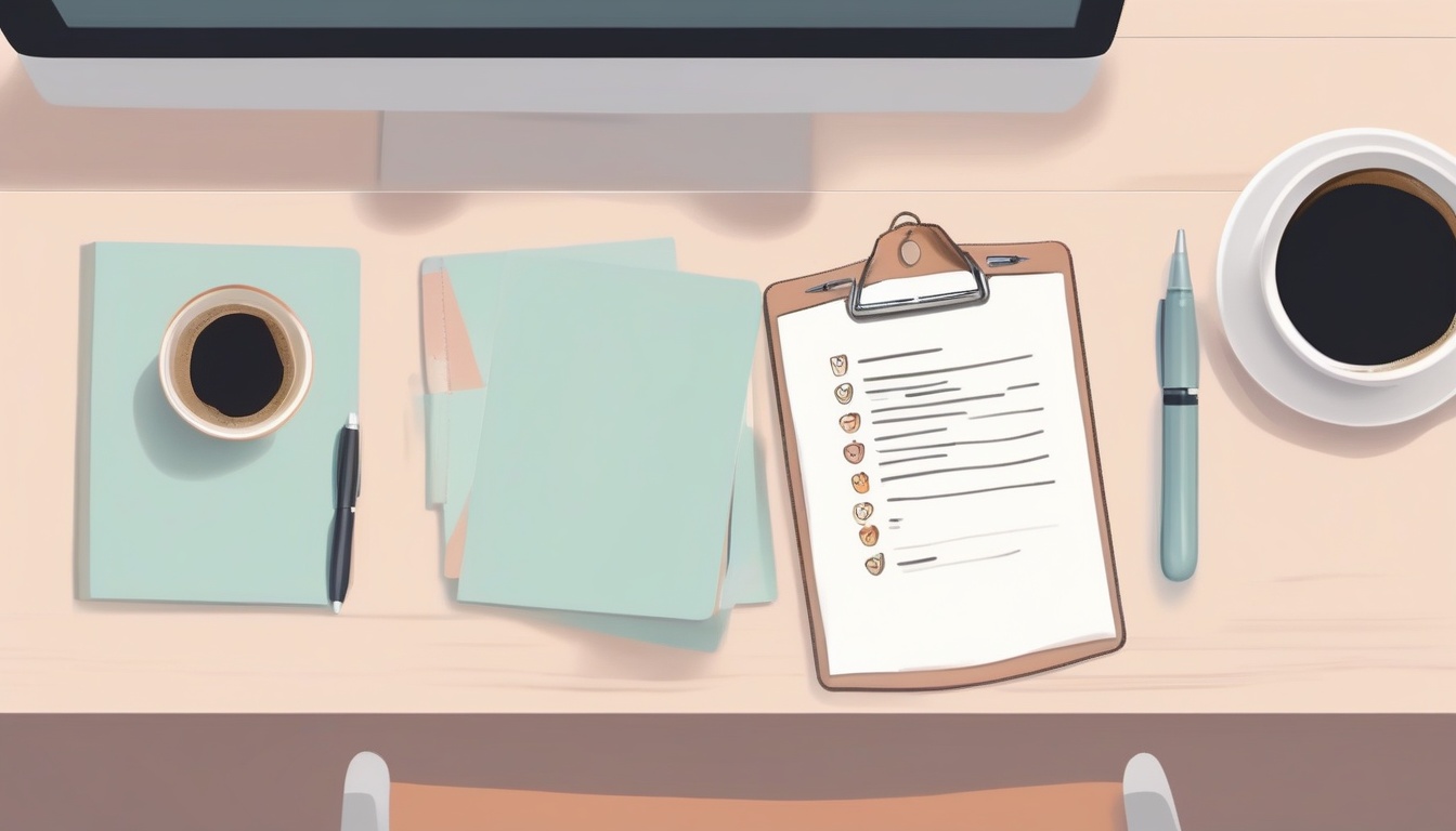 A of a clipboard with a checklist and a coffee mug on a c...