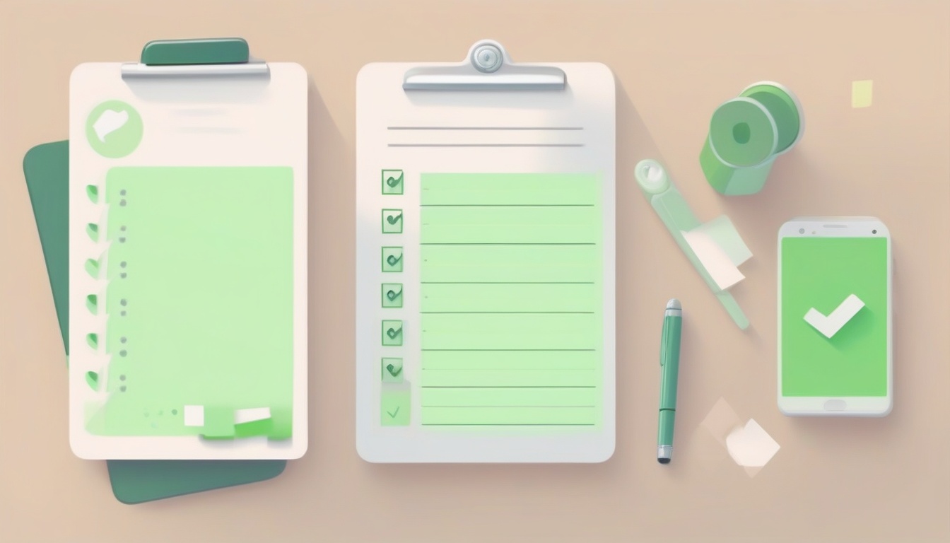 A of a checklist on a clipboard with green checkmarks nex...