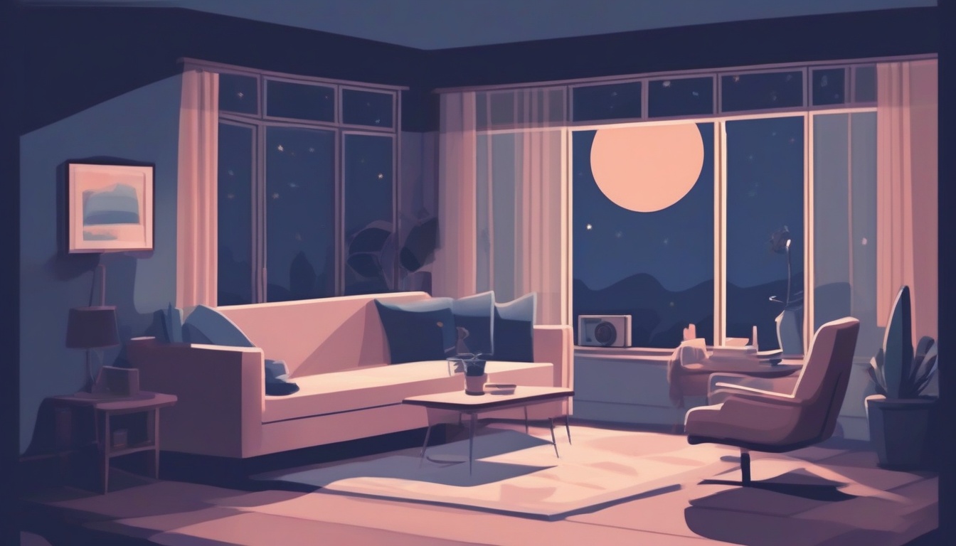 A of a living room at nighttime with moonlight coming thr...