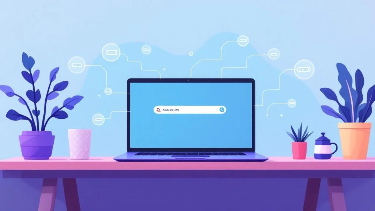 A of a desk with a laptop showing a search bar