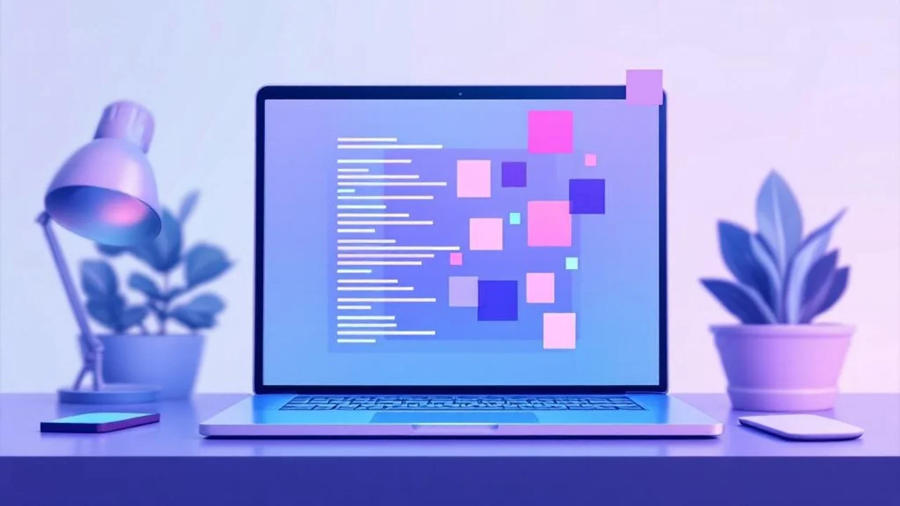 A of an open laptop on a desk with abstract colored shape...