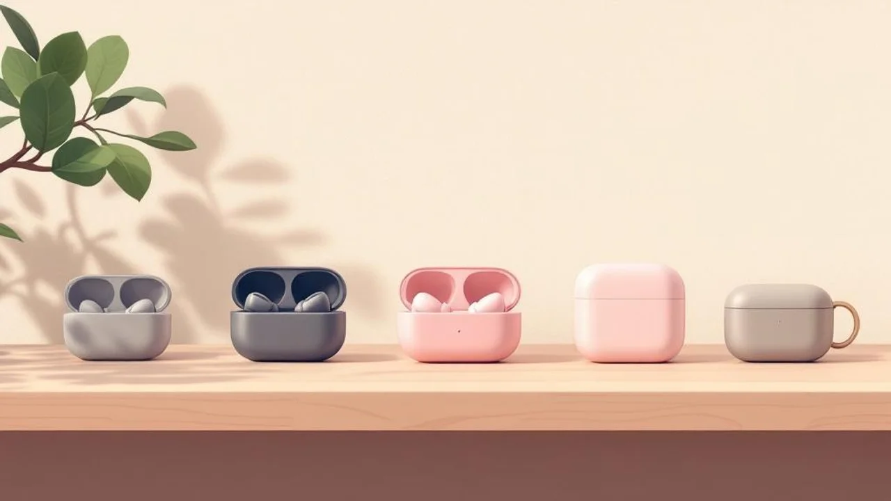 A of a desk with three different wireless earbuds cases l...