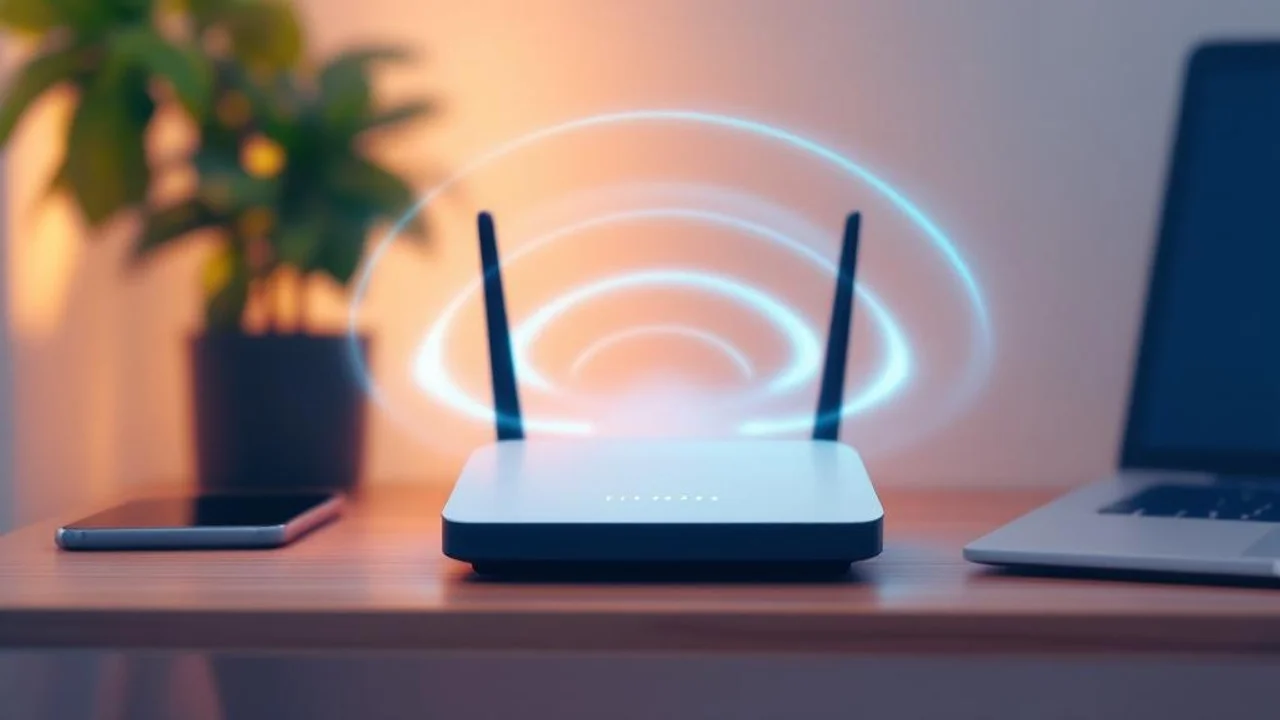A of a modern WiFi router on a wooden desk with glowing b...