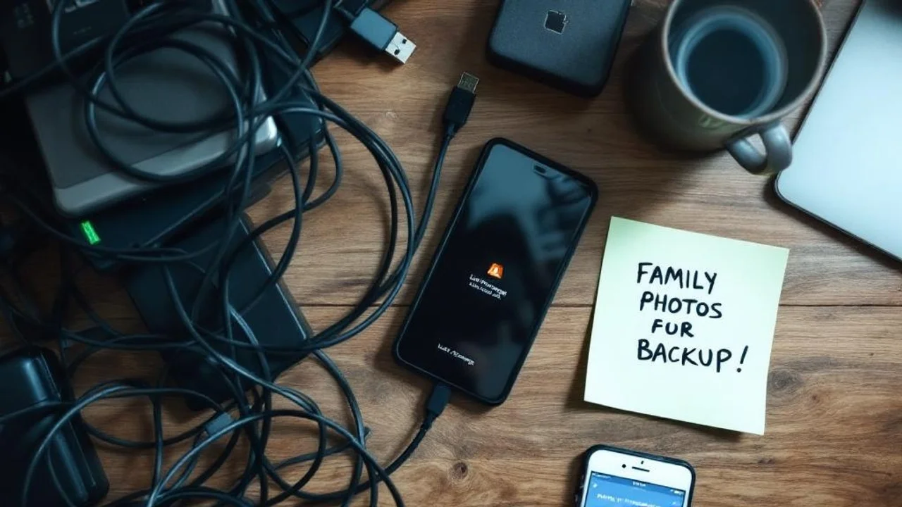 Flat lay overhead shot of a cluttered desk: multiple exte...