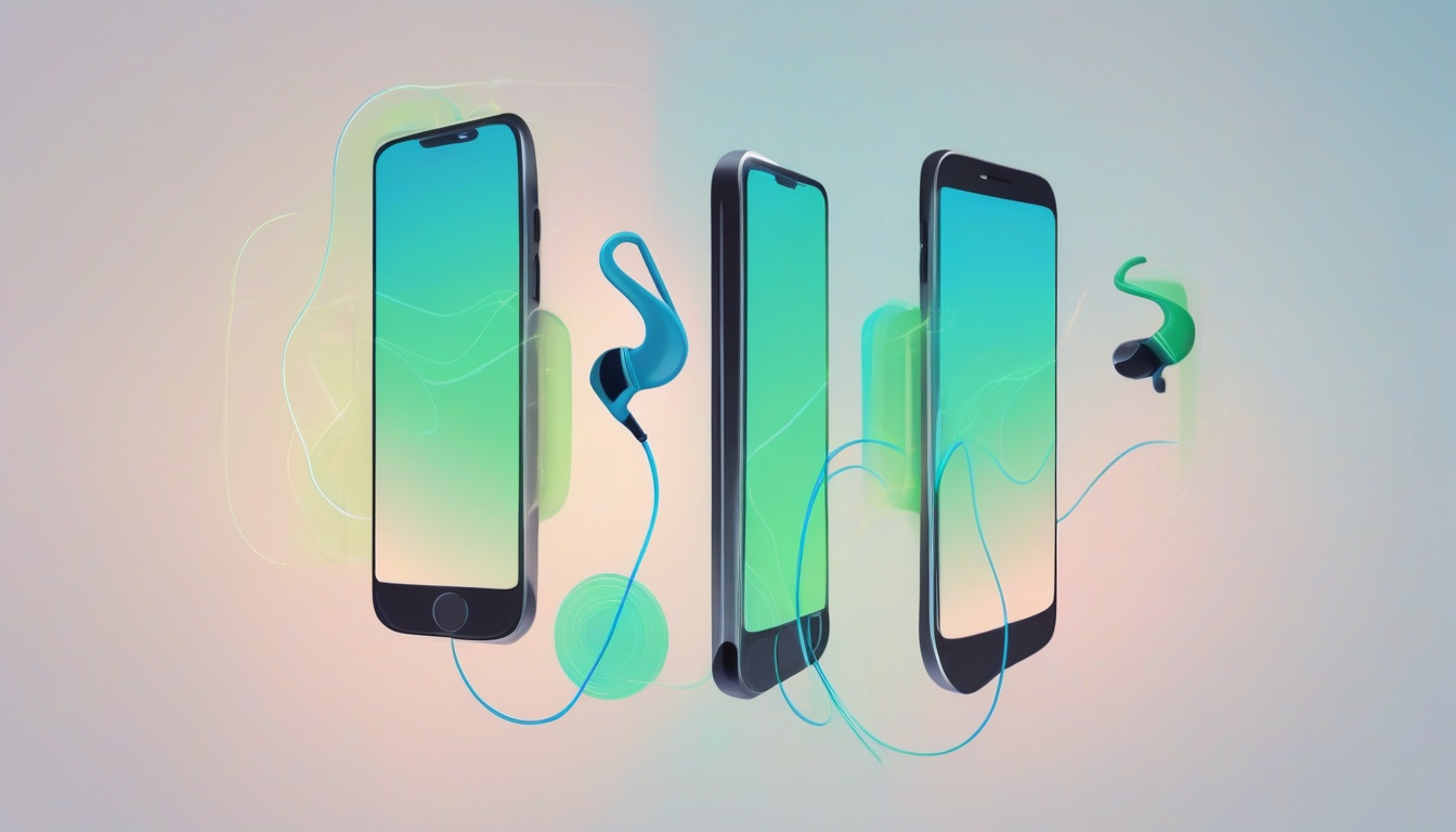 A of two smartphones side by side connected with abstract...