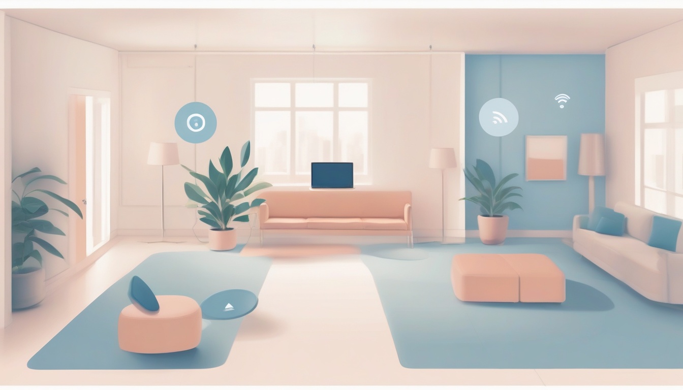 A of a floor plan with WiFi signal coverage circles overl...