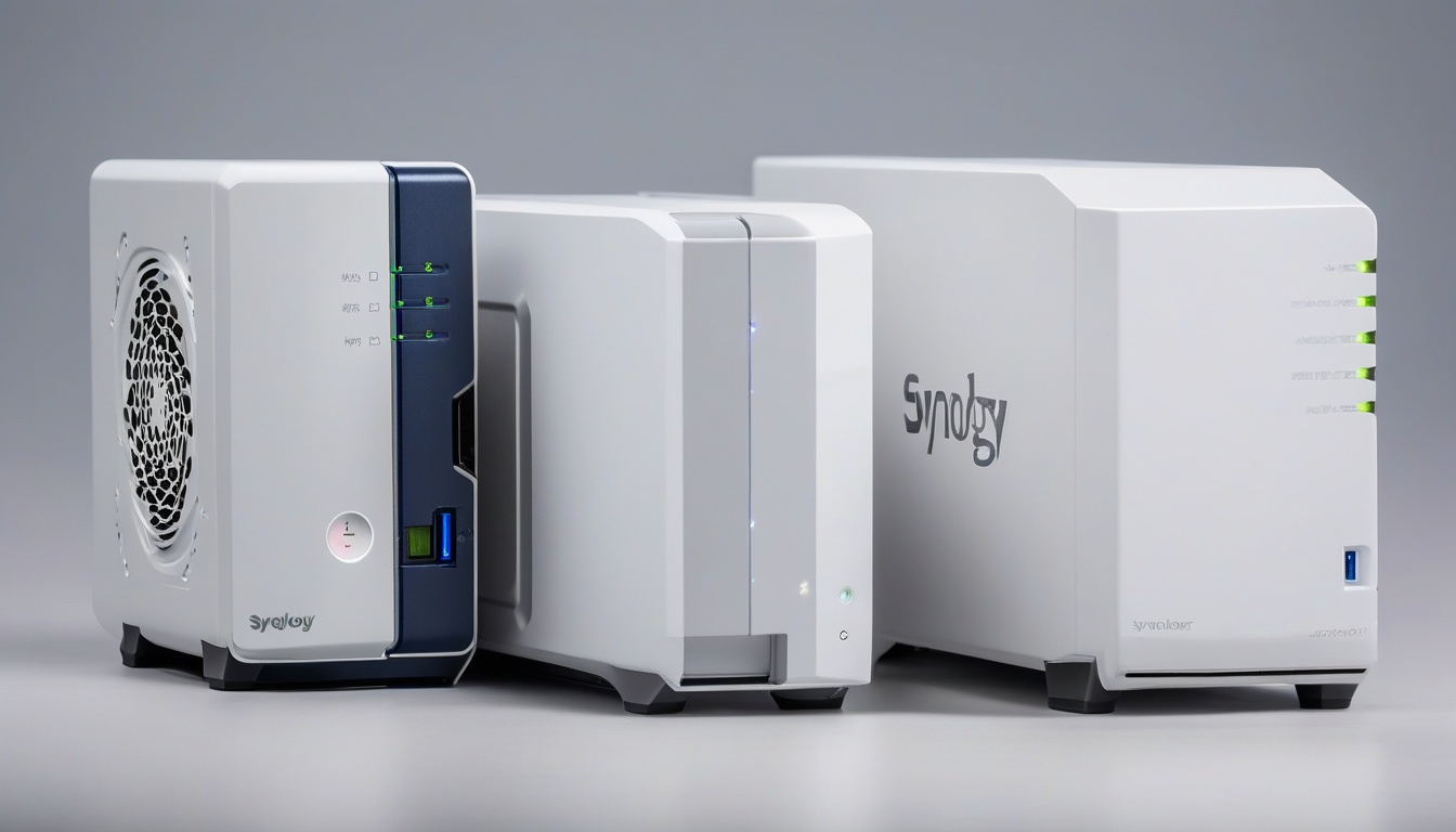 Side by side product hero shot of three 2-bay NAS units o...
