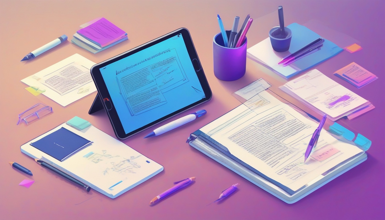 Isometric illustration: a tablet screen showing a PDF doc...