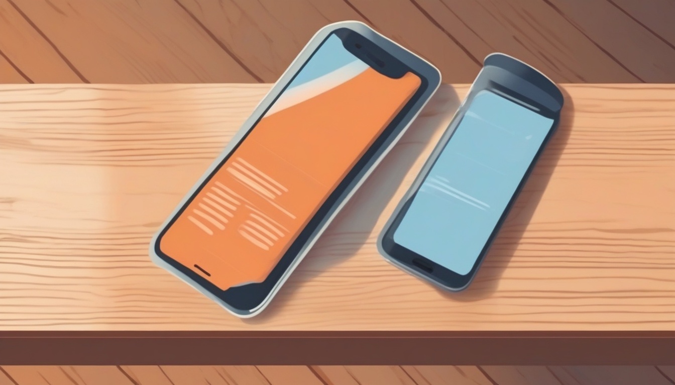 A of a smartphone lying flat on a wooden cafe table betwe...