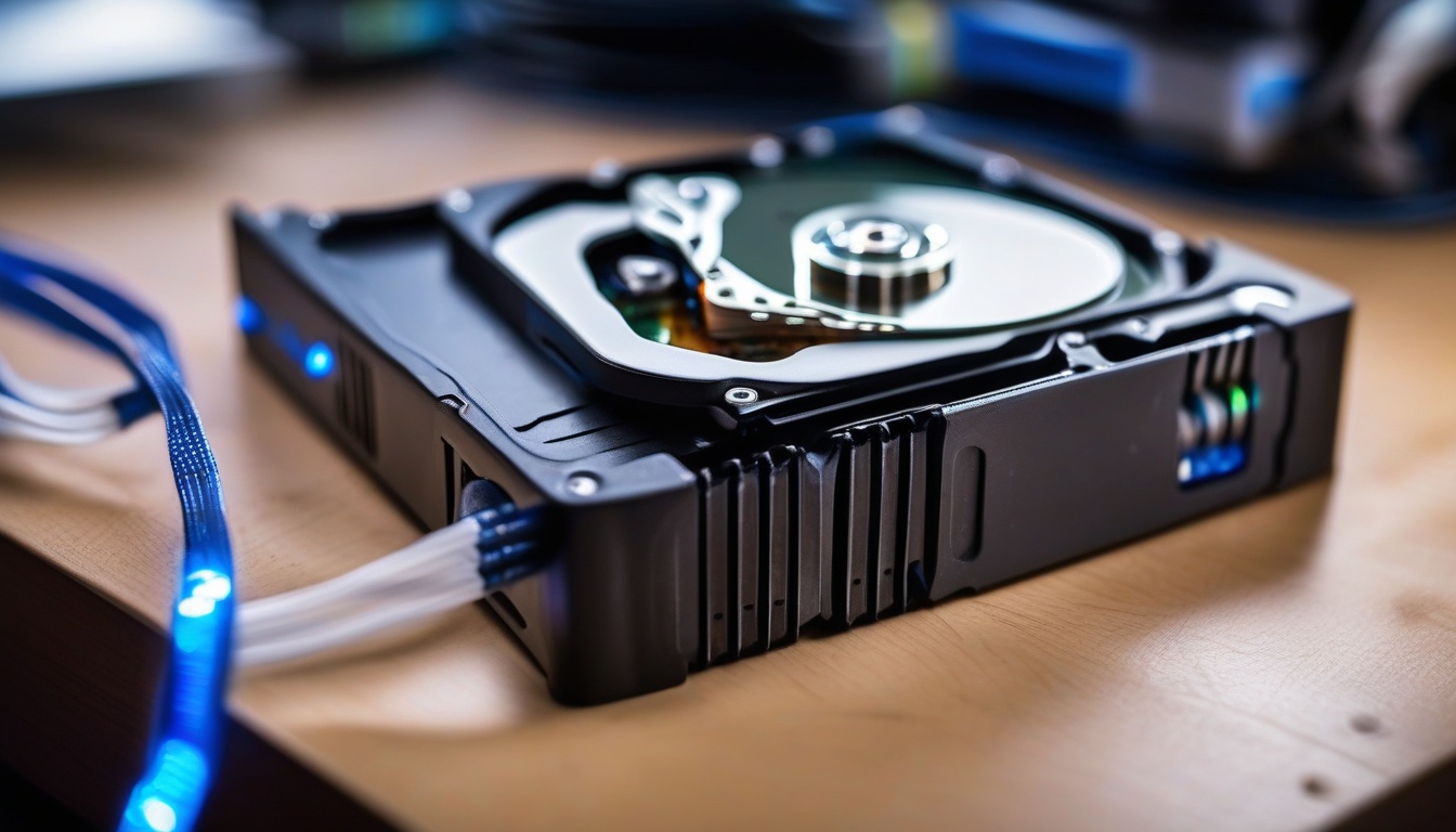 Close-up macro shot of two 3.5 inch hard disk drives bein...